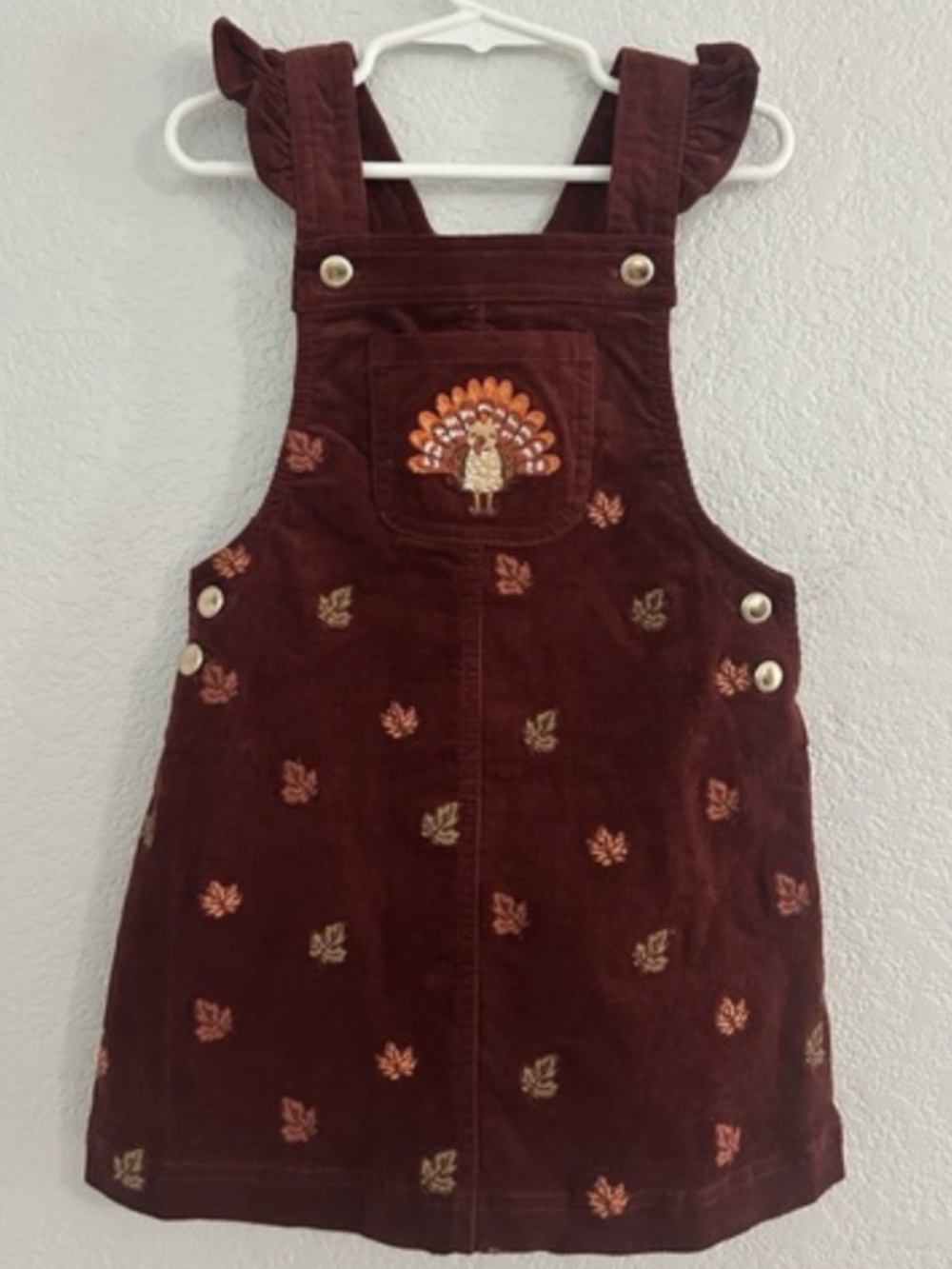 Thanksgiving Burgundy Corduroy Overall Dress with Embroidered Turkey